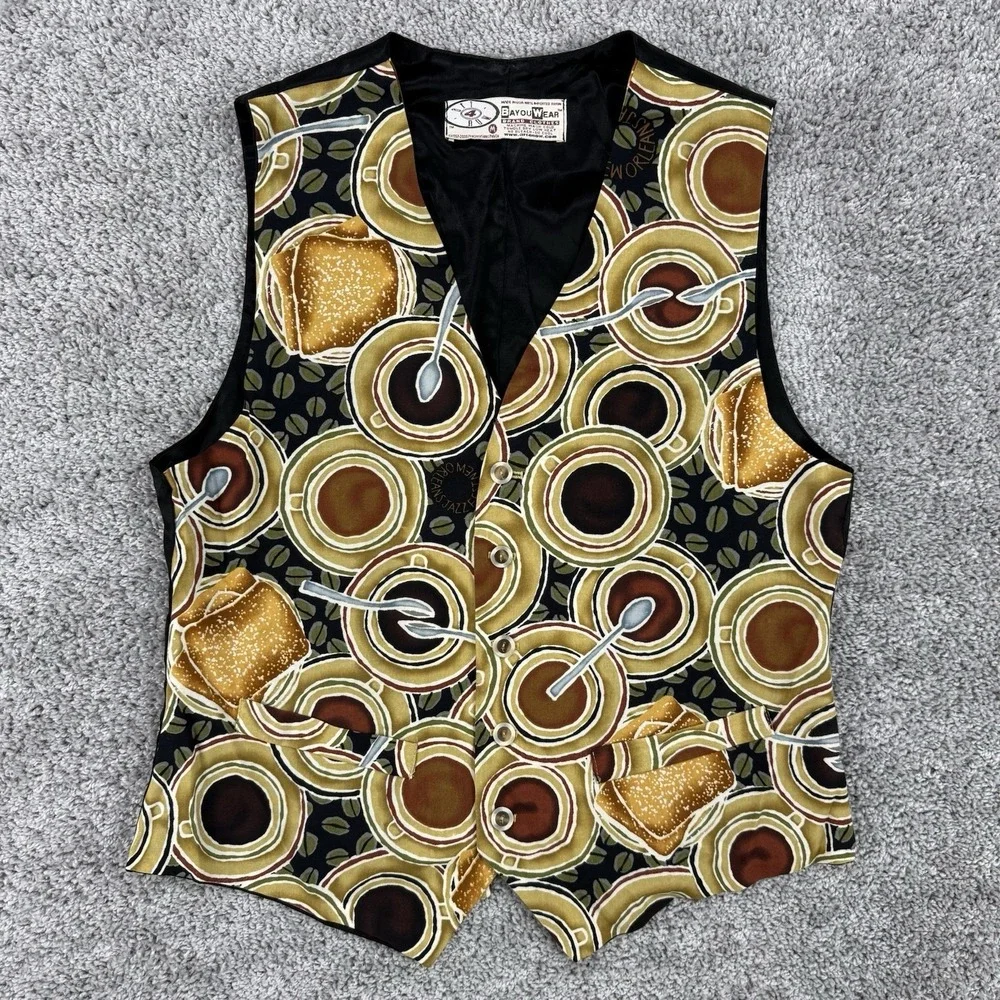 VTG Bayou Wear Vest Men's M Coffee Cup Pastry AOP Waistcoat Made In USA Rayon
